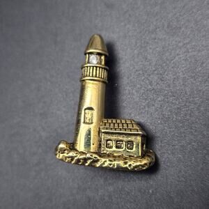 Gold Tone Light House Brooch Rhinestone Light Signed Camco Costume Jewelry Beach